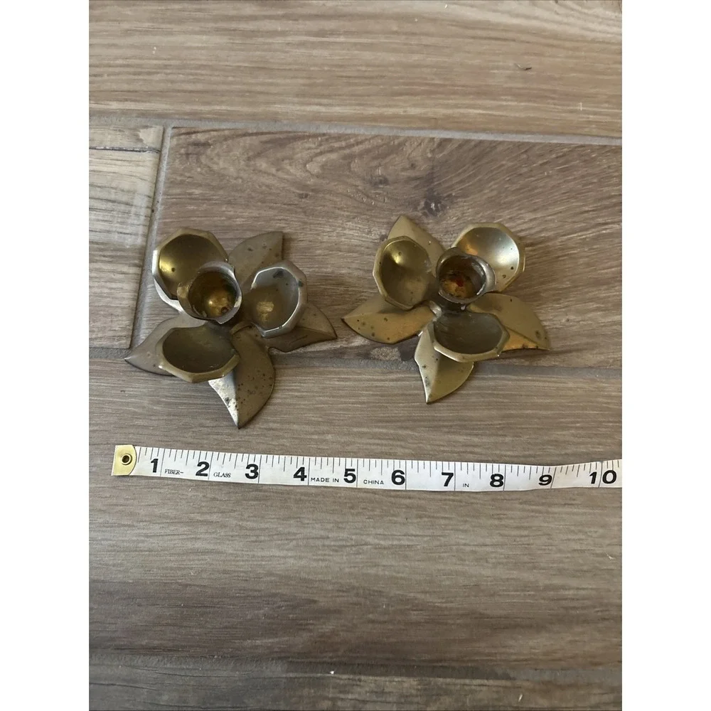 2 Vintage Pair Brass Coated Lotus Flower Candle Stick Holders